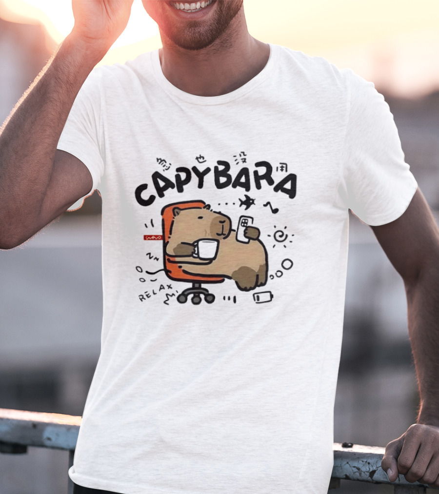 Capybara Relaxing On Office Chair With Coffee And Phone T-Shirt