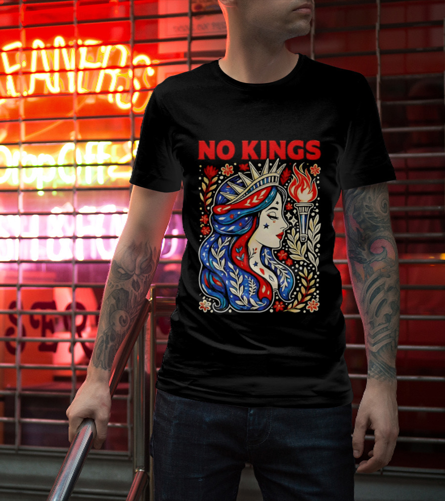 No Kings Liberty Crowned Woman Torch And Floral T-Shirt