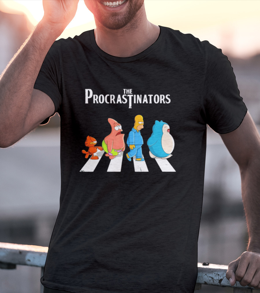 The Procrastinators Cartoon Abbey Road Parody With Iconic Characters Crossing T-Shirt