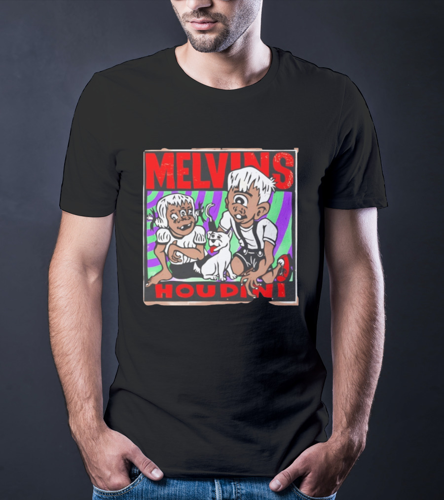 Melvins Houdini Album Cover Art With Two Cartoon Characters And Cat T-Shirt