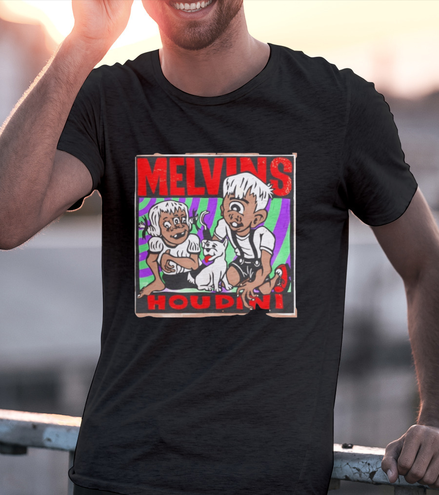 Melvins Houdini Album Cover Art With Two Cartoon Characters And Cat T-Shirt