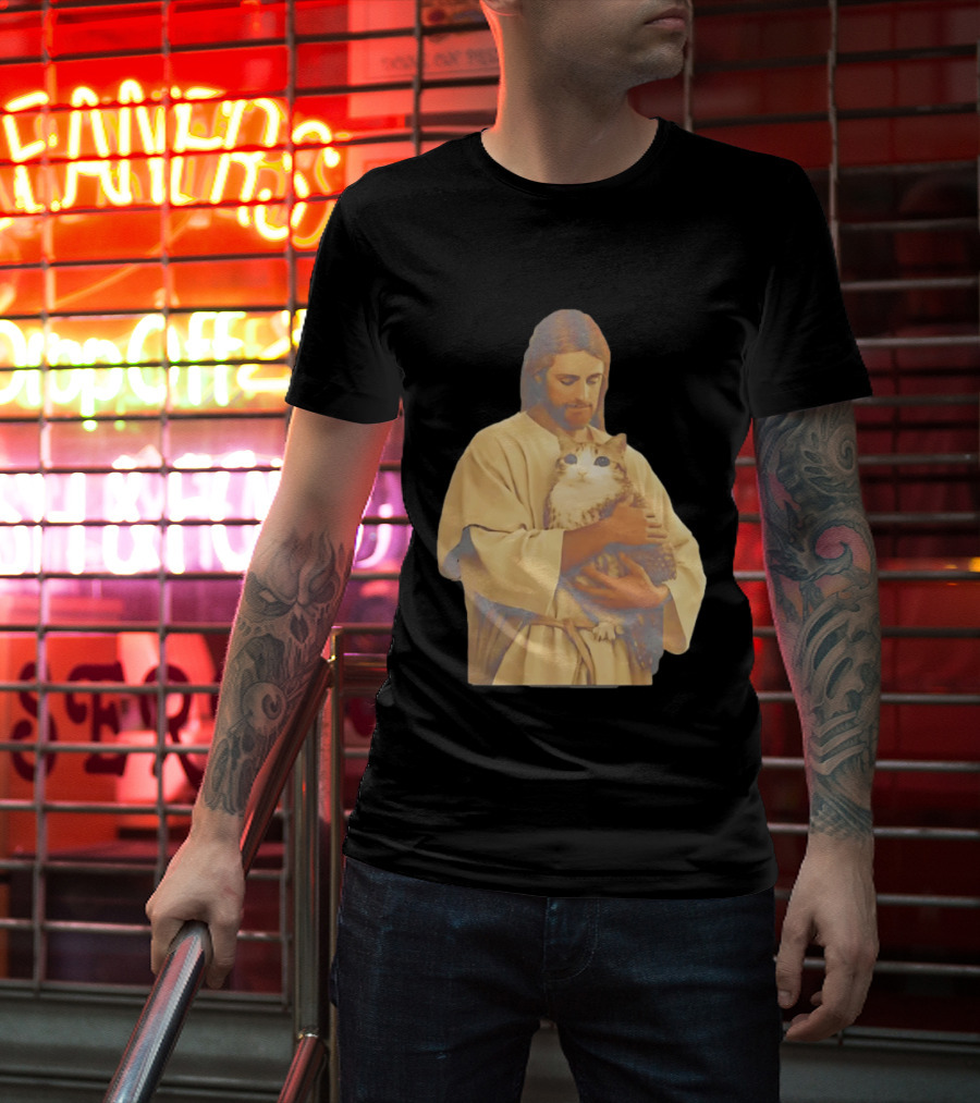 Jesus Embracing Chubby Cat T-Shirt