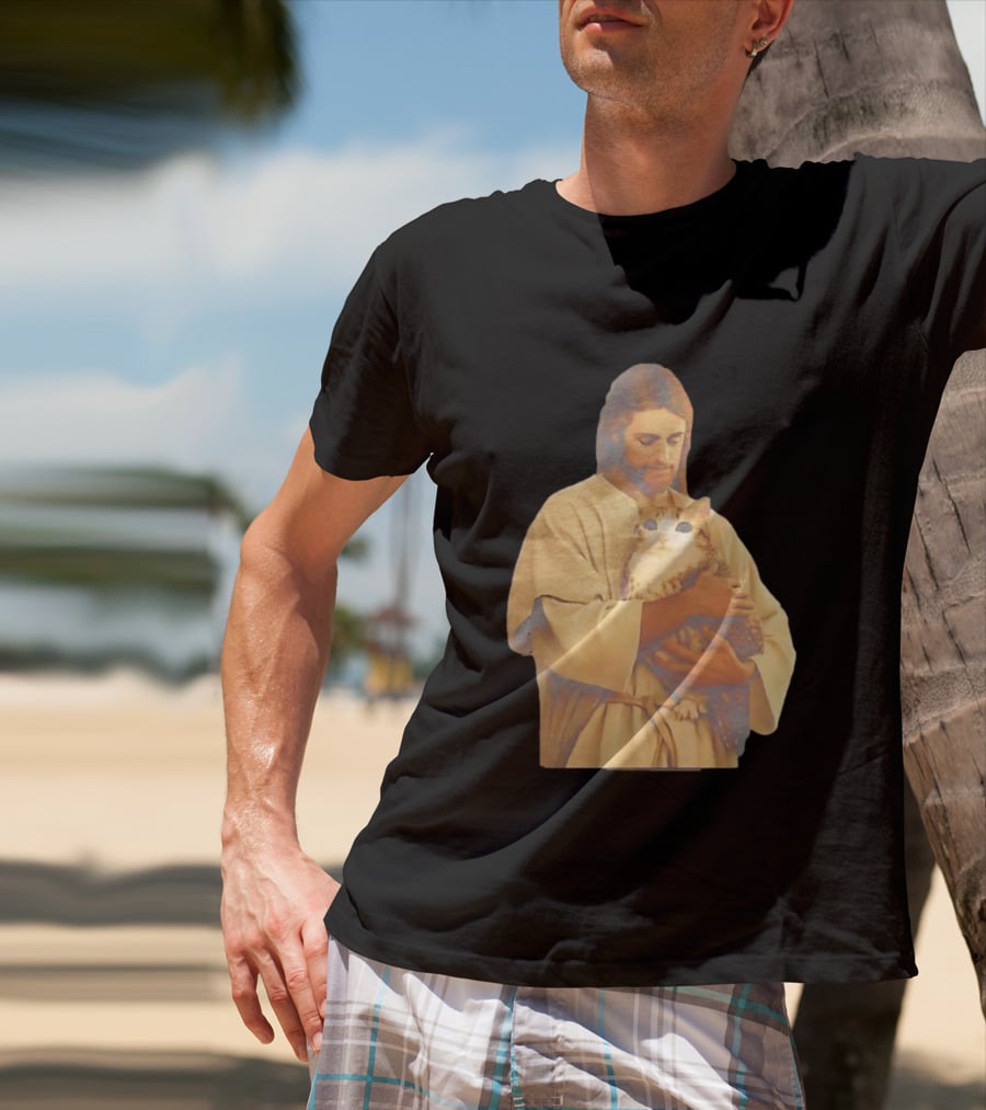Jesus Embracing Chubby Cat T-Shirt