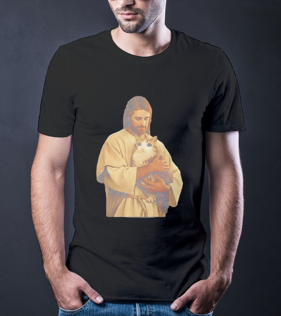Jesus Embracing Chubby Cat T-Shirt