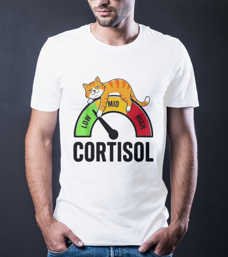 Cat Low Mid High Cortisol Level Meter With Relaxed Orange Cat T-Shirt