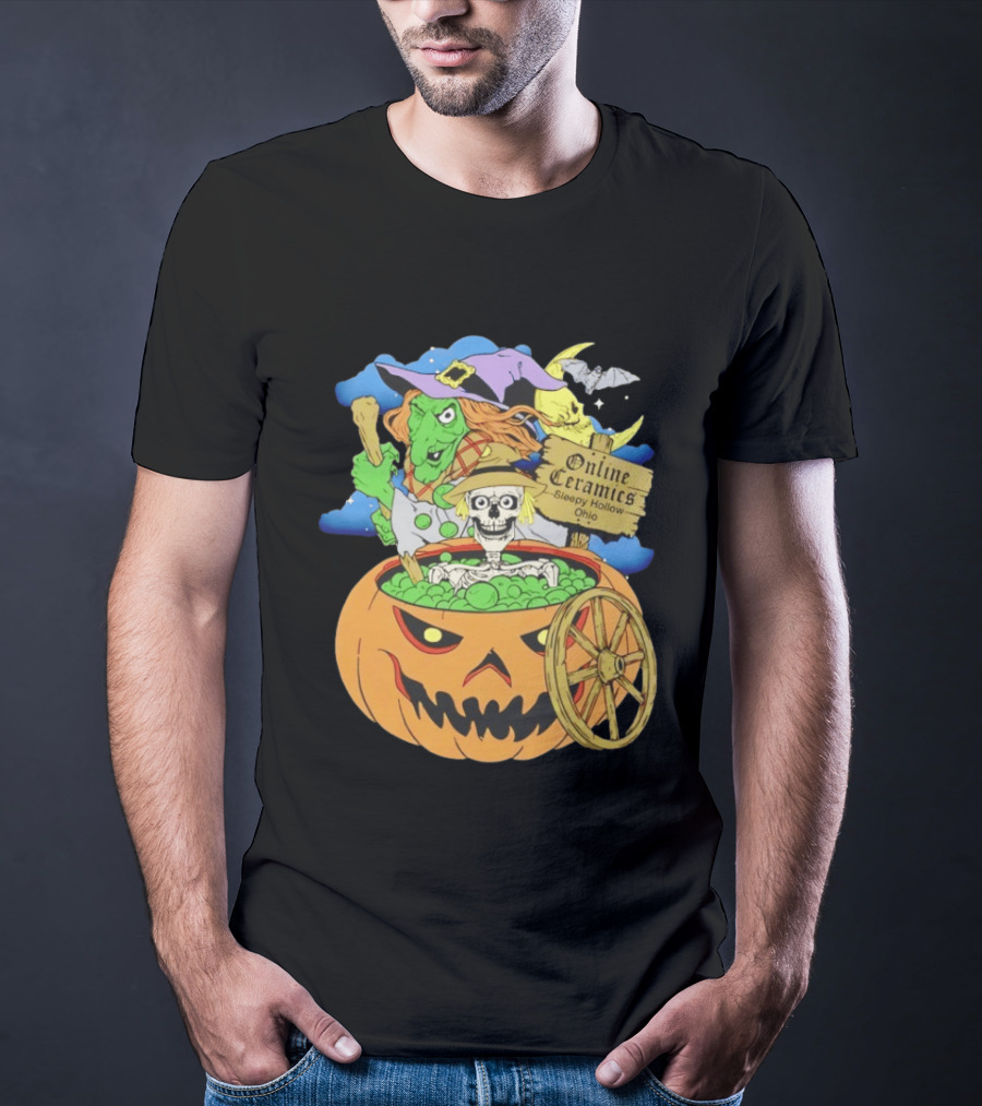 Online Ceramics Sleepy Hollow Ohio Witch Skeleton Pumpkin Cauldron Scene T-Shirt