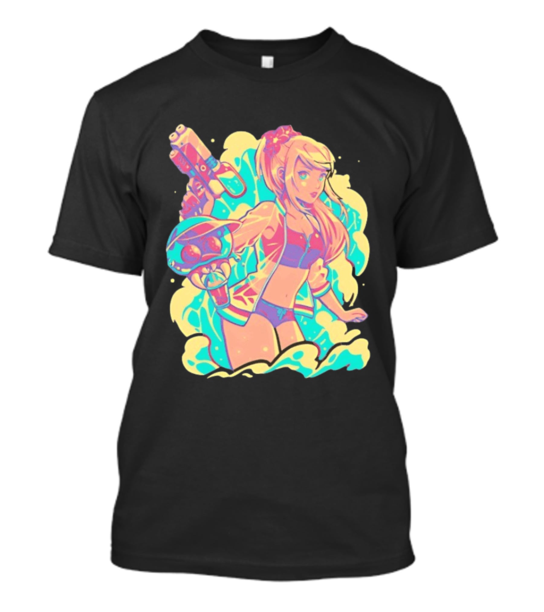 Metroid Water Games Neon Anime Girl With Water Gun And Floating Creature T-Shirt
