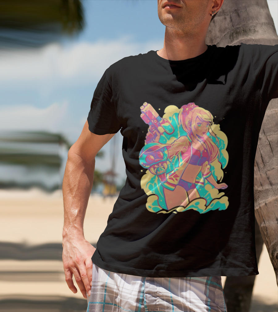 Metroid Water Games Neon Anime Girl With Water Gun And Floating Creature T-Shirt