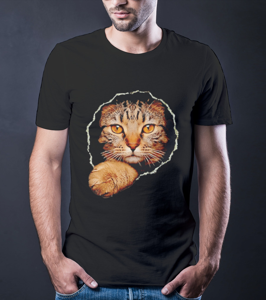 Tabby Cat Golden Eyes Peeking Through Handsome Brown T-Shirt