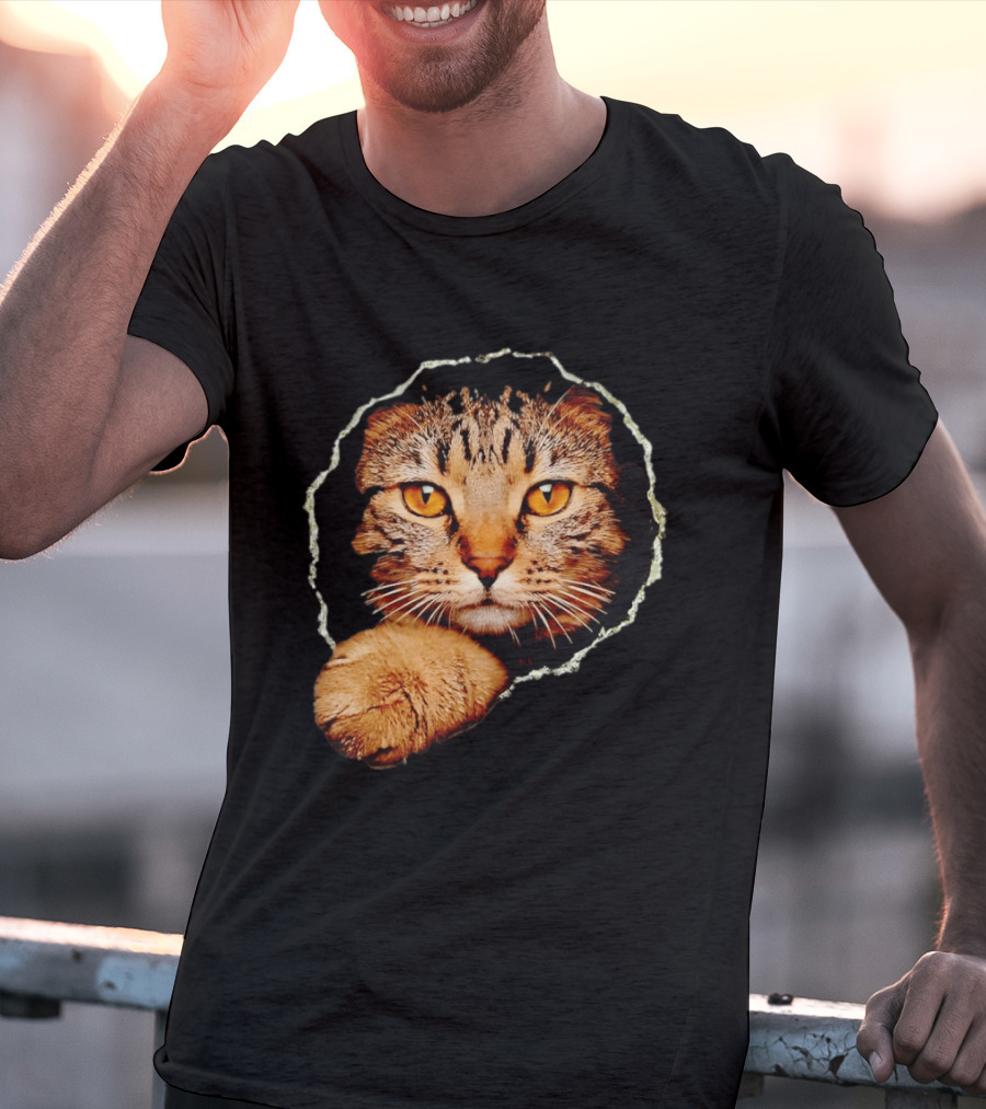 Tabby Cat Golden Eyes Peeking Through Handsome Brown T-Shirt