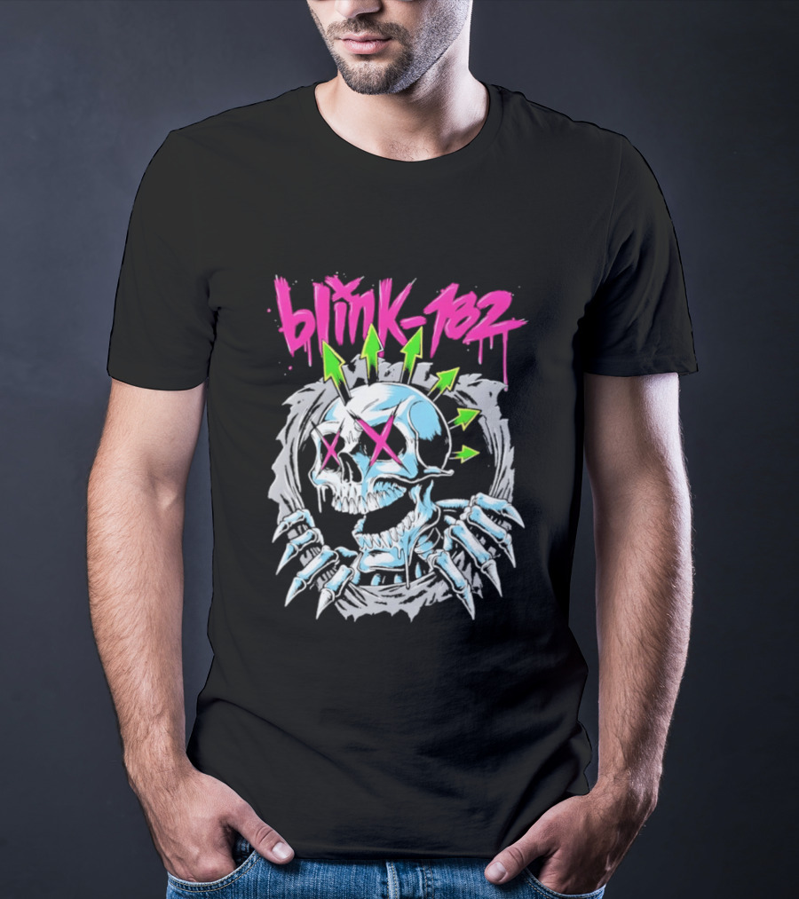 Blink 182 Pink Script With Neon Green Arrows And Punk Skull T-Shirt