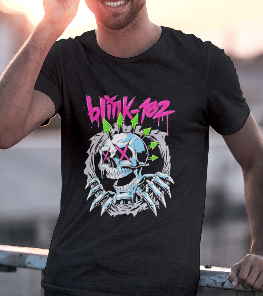 Blink 182 Pink Script With Neon Green Arrows And Punk Skull T-Shirt