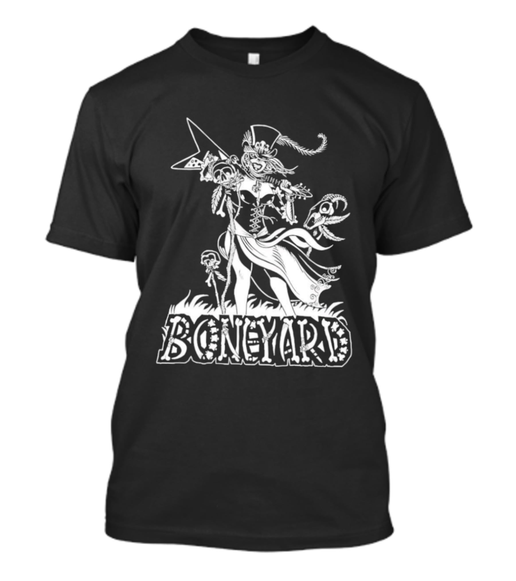 Boneyard Rocker Skeleton Woman Flying V Guitar T-Shirt