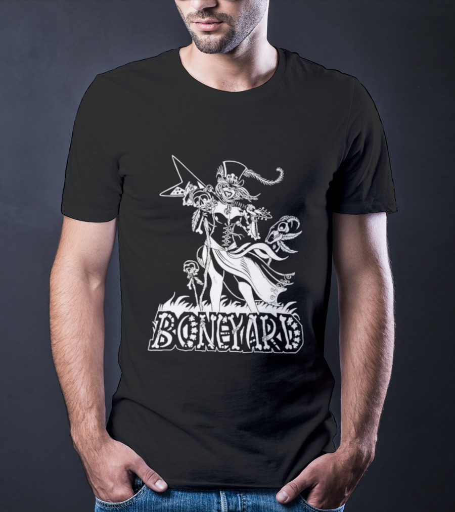 Boneyard Rocker Skeleton Woman Flying V Guitar T-Shirt