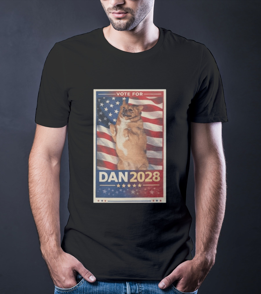Vote For Dan 2028 American Flag Dog Stars Stripes T-Shirt