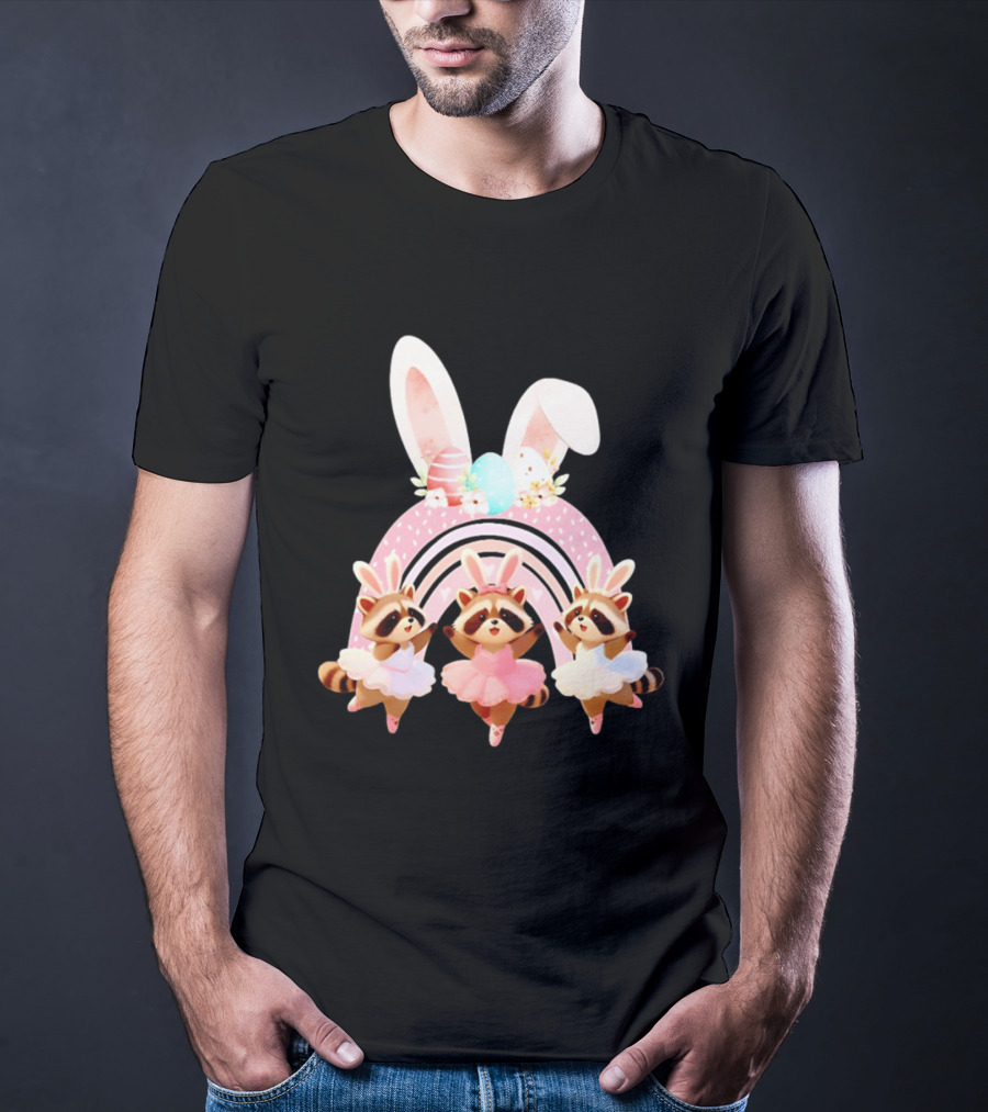 Ballet Dancer Ballerina Raccoons With Easter Bunny Ears And Eggs T-Shirt