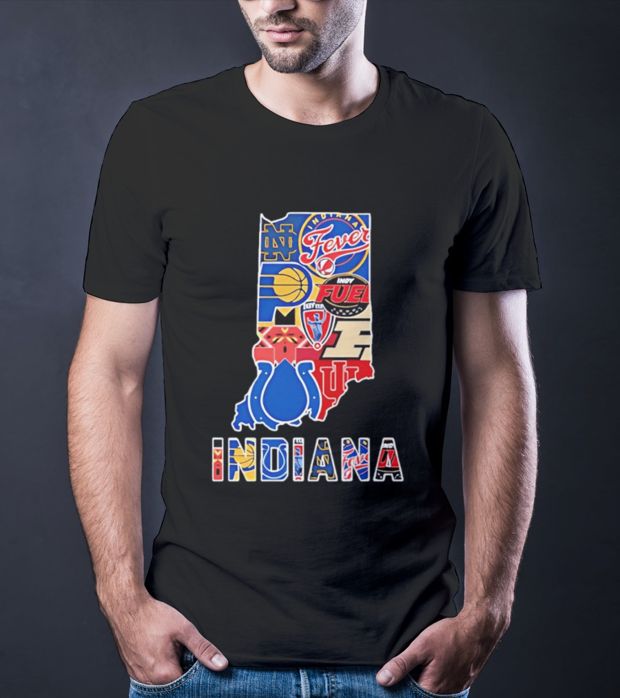 Indiana Sports Team Logos Map Featuring Colts Pacers Fever Hoosiers Fighting Irish Fuel T-Shirt