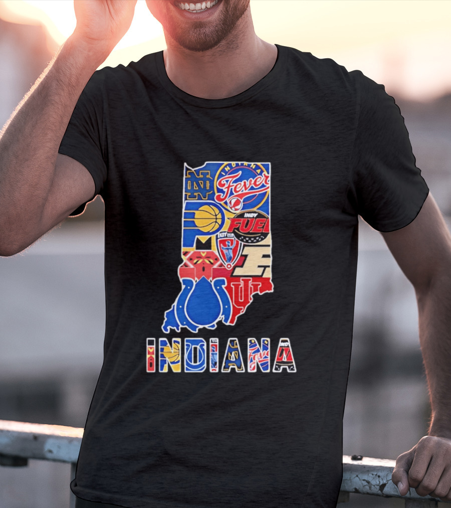 Indiana Sports Team Logos Map Featuring Colts Pacers Fever Hoosiers Fighting Irish Fuel T-Shirt
