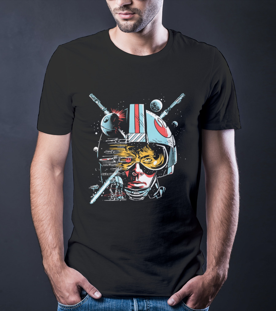 Luke Skywalker Helmet With Blaster And Planets T-Shirt
