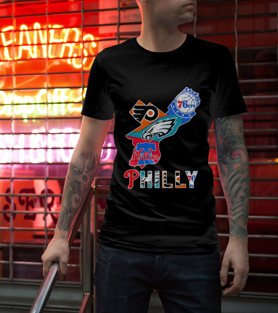 Philadelphia Flyers 76ers Eagles Phillies PHILLY Sports Logos State Map T-Shirt
