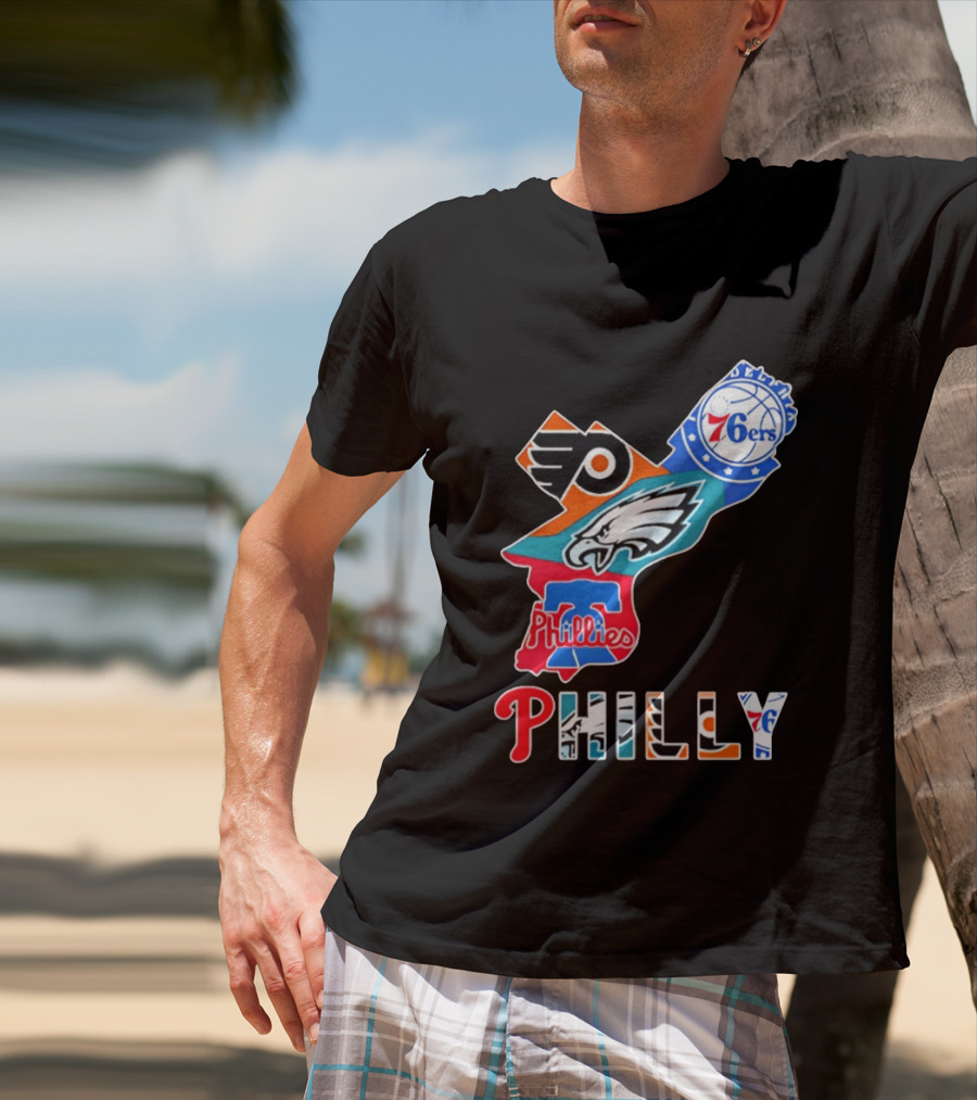 Philadelphia Flyers 76ers Eagles Phillies PHILLY Sports Logos State Map T-Shirt