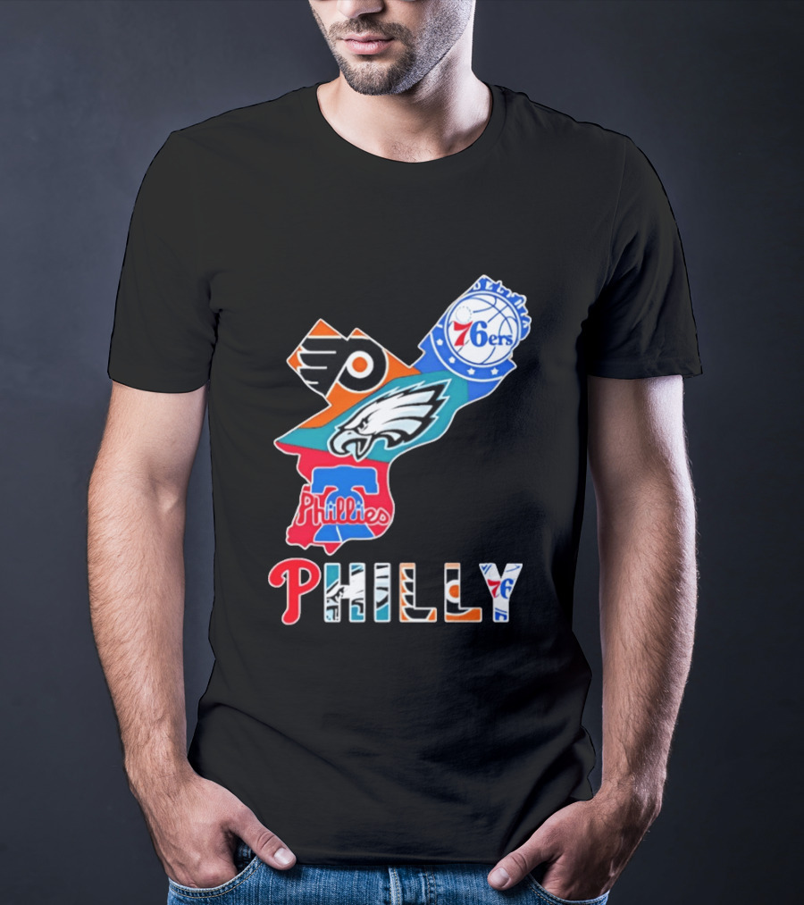 Philadelphia Flyers 76ers Eagles Phillies PHILLY Sports Logos State Map T-Shirt