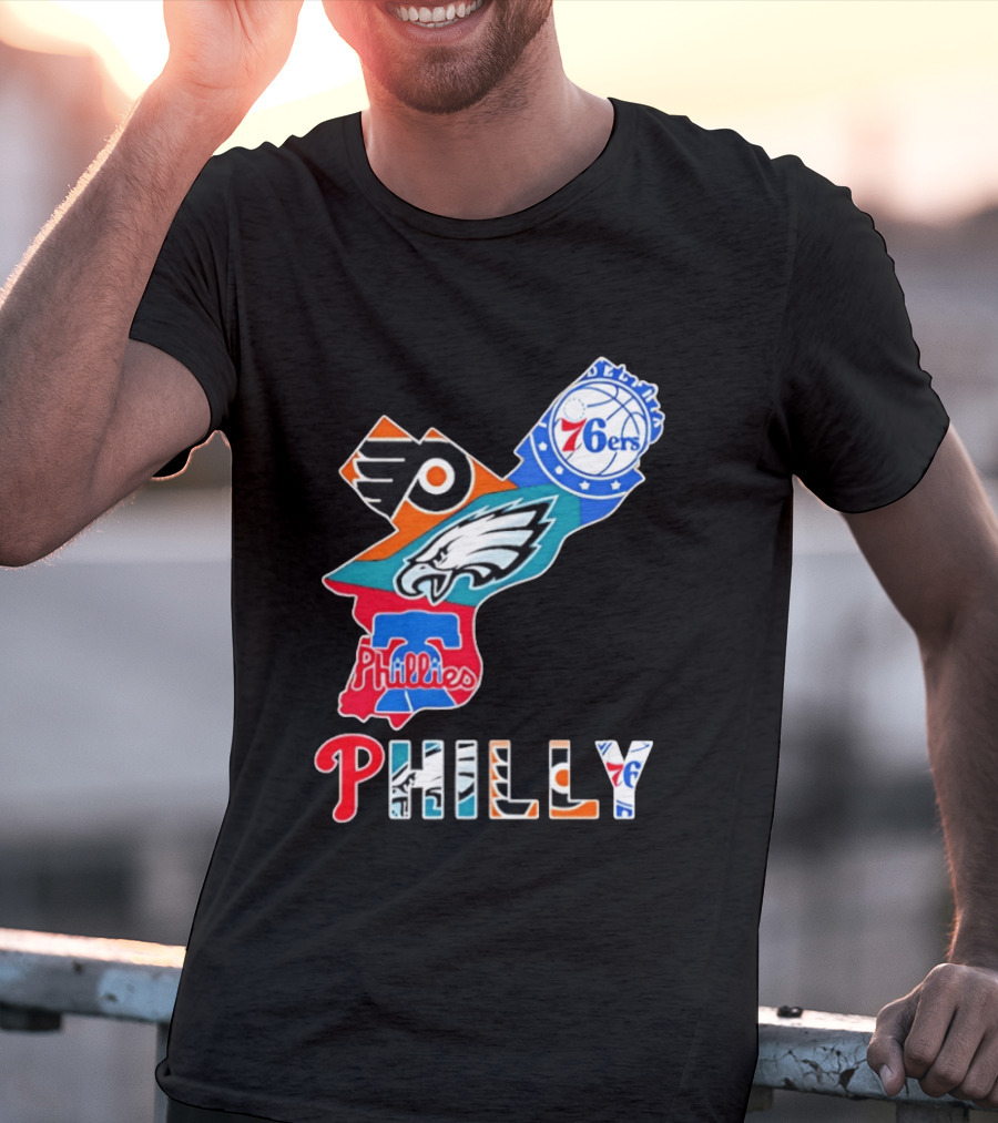 Philadelphia Flyers 76ers Eagles Phillies PHILLY Sports Logos State Map T-Shirt