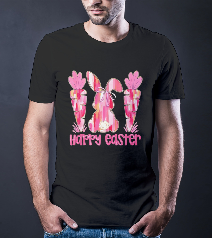 Pink Brushstroke Bunny Carrot Happy Easter T-Shirt