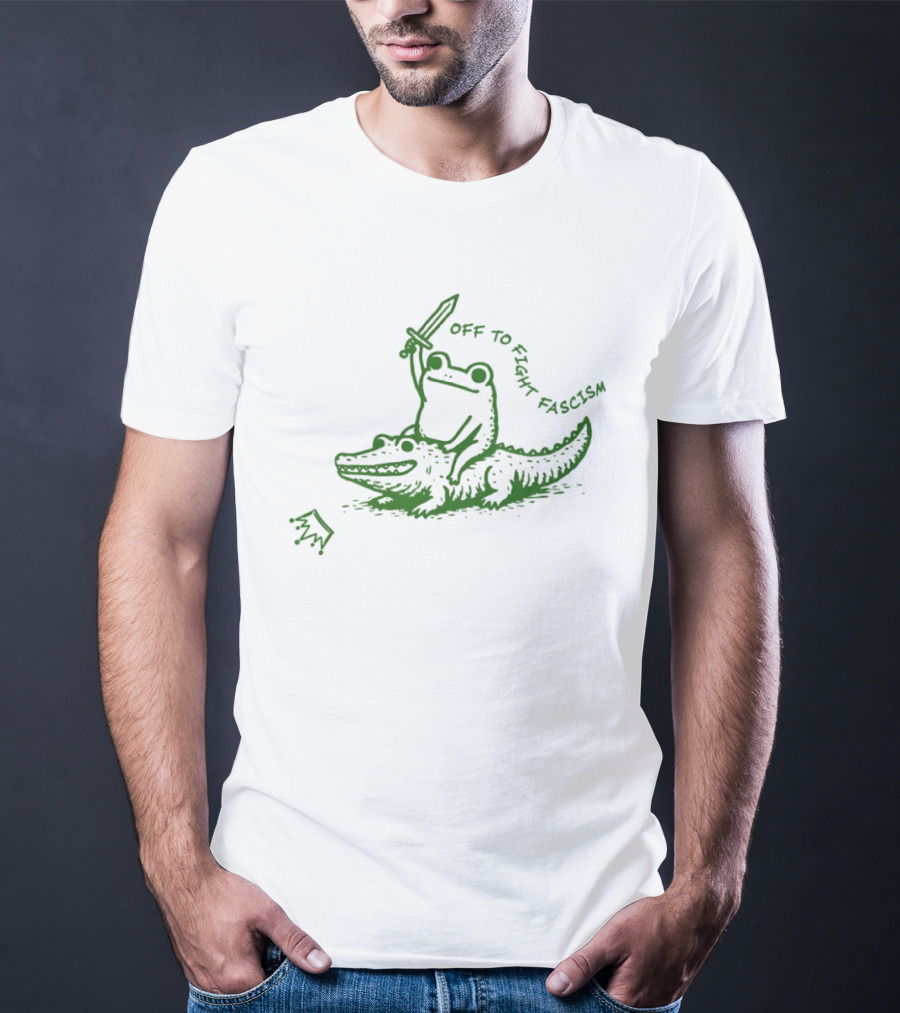 Off To Fight Fascism Unhinged Frog Riding Alligator Sword Meme T-Shirt