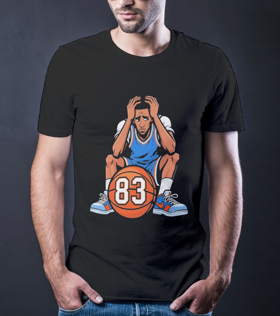 Basketball Player Caricature 83 Sitting Blue Orange Jersey Sneakers T-Shirt