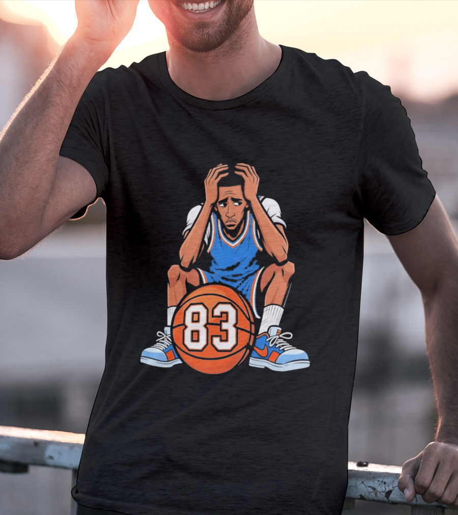 Basketball Player Caricature 83 Sitting Blue Orange Jersey Sneakers T-Shirt