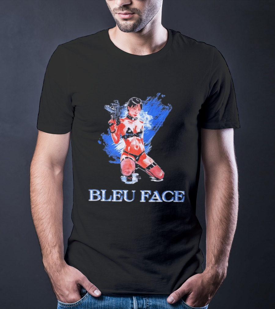 Bleu Face Anime Girl With Gun And Blue Brushstroke T-Shirt
