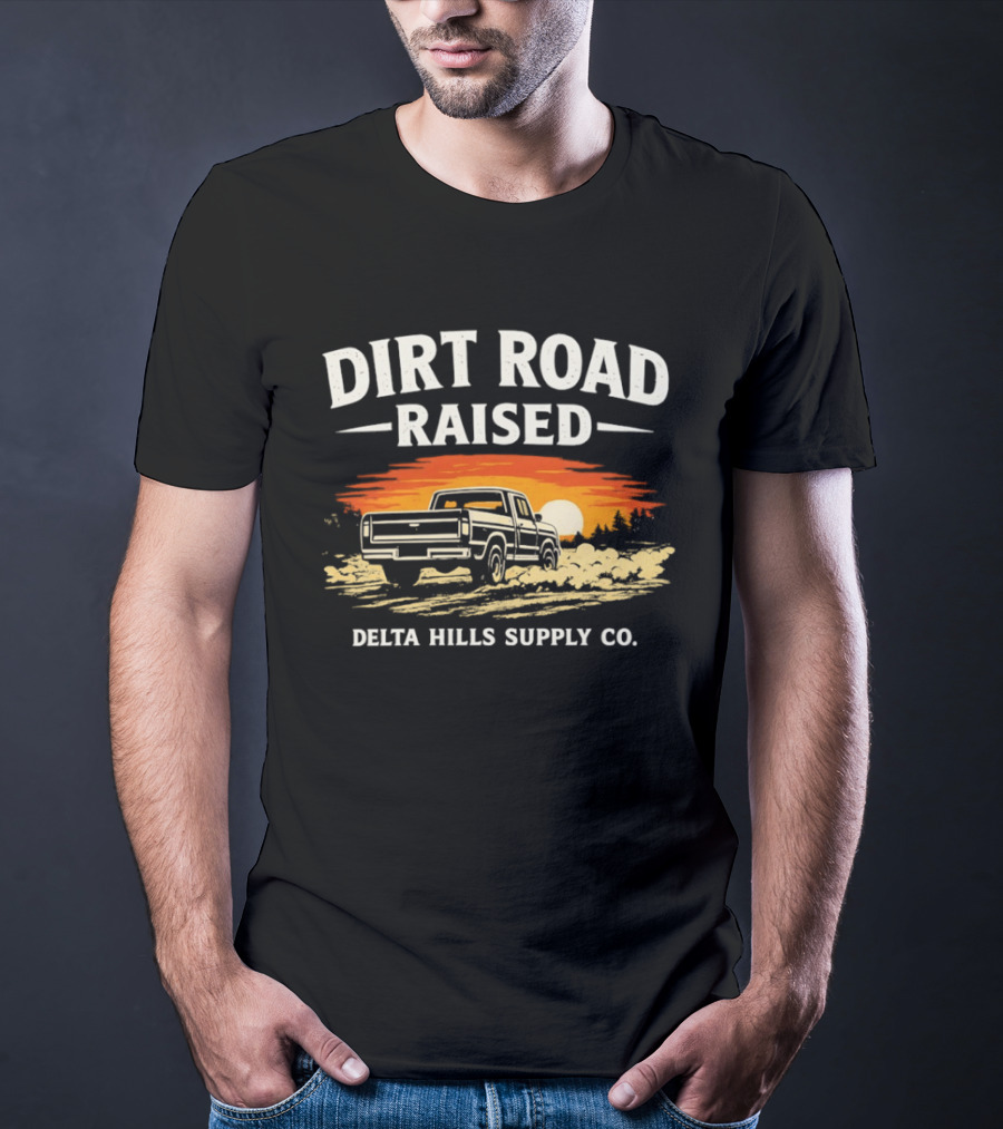 Dirt Road Raised Delta Hills Supply Co Vintage Pick Up Truck Sunset T-Shirt