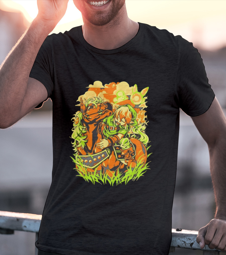 Link Epona Navi Fields Retro Gaming Adventure Fantasy T-Shirt