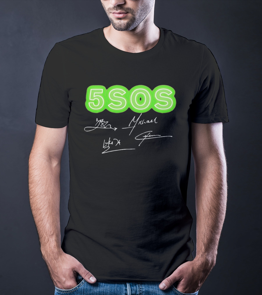 5SOS Luke Hemmings Calum Hood Ashton Irwin Michael Clifford Signatures Neon Green T-Shirt