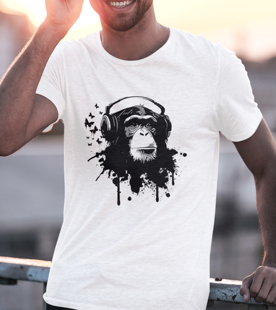 Monkey Headphones Street Art Splatter T-Shirt