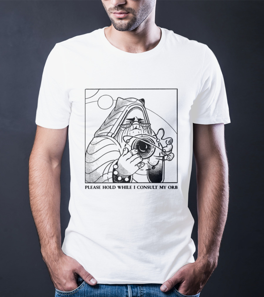 Please Hold While I Consult My Orb Wizard Illustration Fantasy T-Shirt
