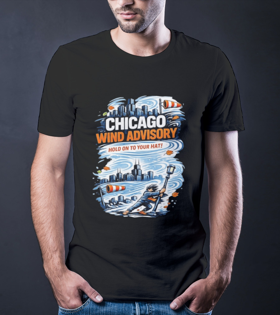 Chicago Wind Advisory Hold On To Your Hat Cityscape And Skyline Scene T-Shirt