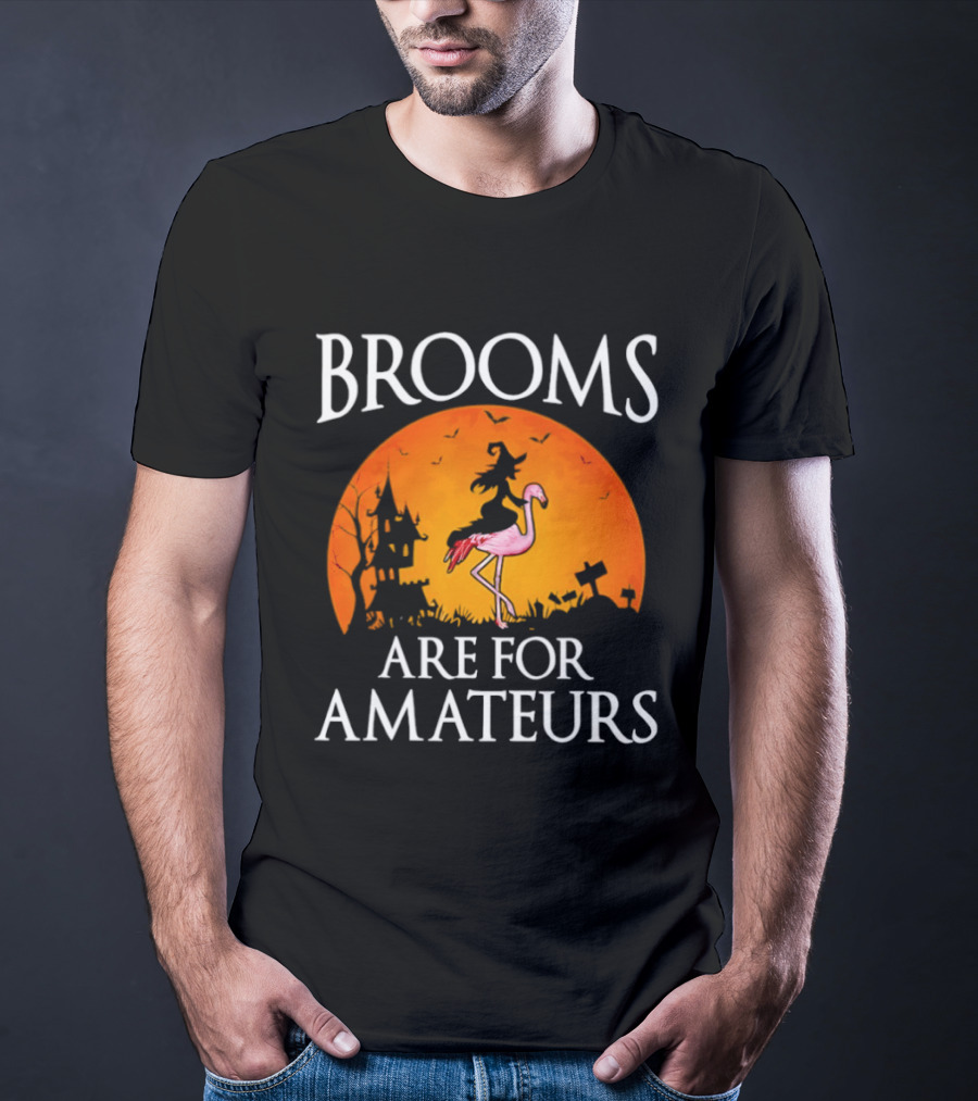 Brooms Are For Amateurs Flamingo Witch Halloween T-Shirt