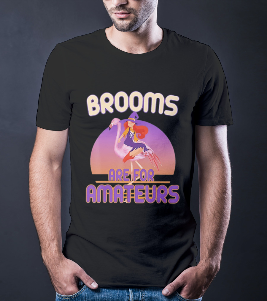 Brooms Are For Amateurs Witch Riding Flamingo T-Shirt