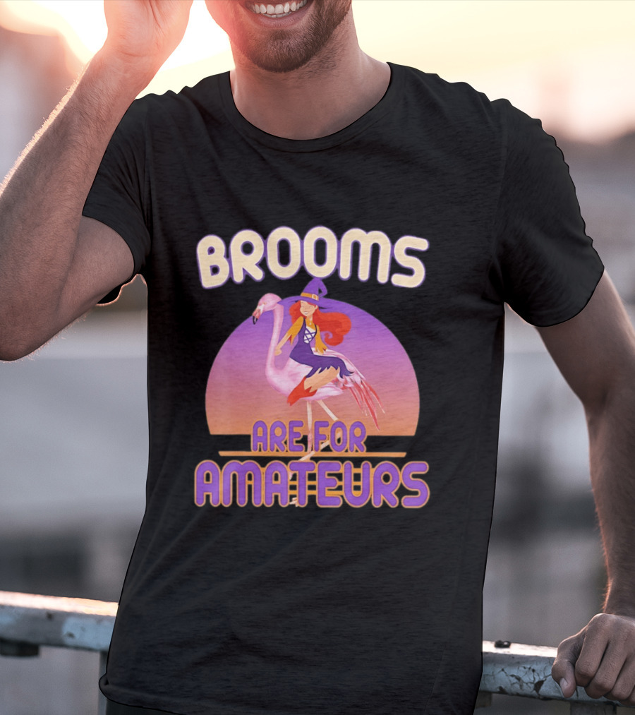 Brooms Are For Amateurs Witch Riding Flamingo T-Shirt