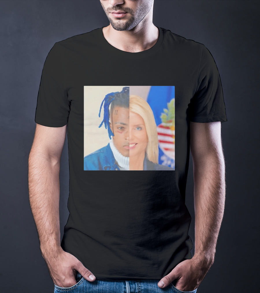 XXXTentacion Pam Bondi Split Image Face Half Blue Dreads Tattoos American Flag T-Shirt