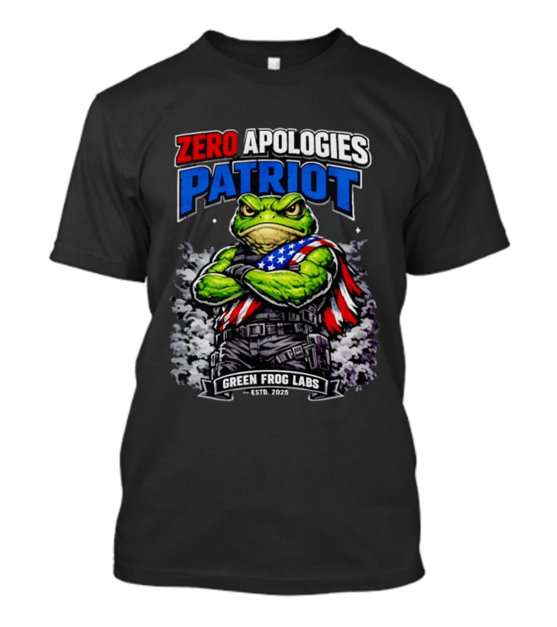 Zero Apologies Patriot Green Frog Labs Estd 2025 American Flag Frog T-Shirt