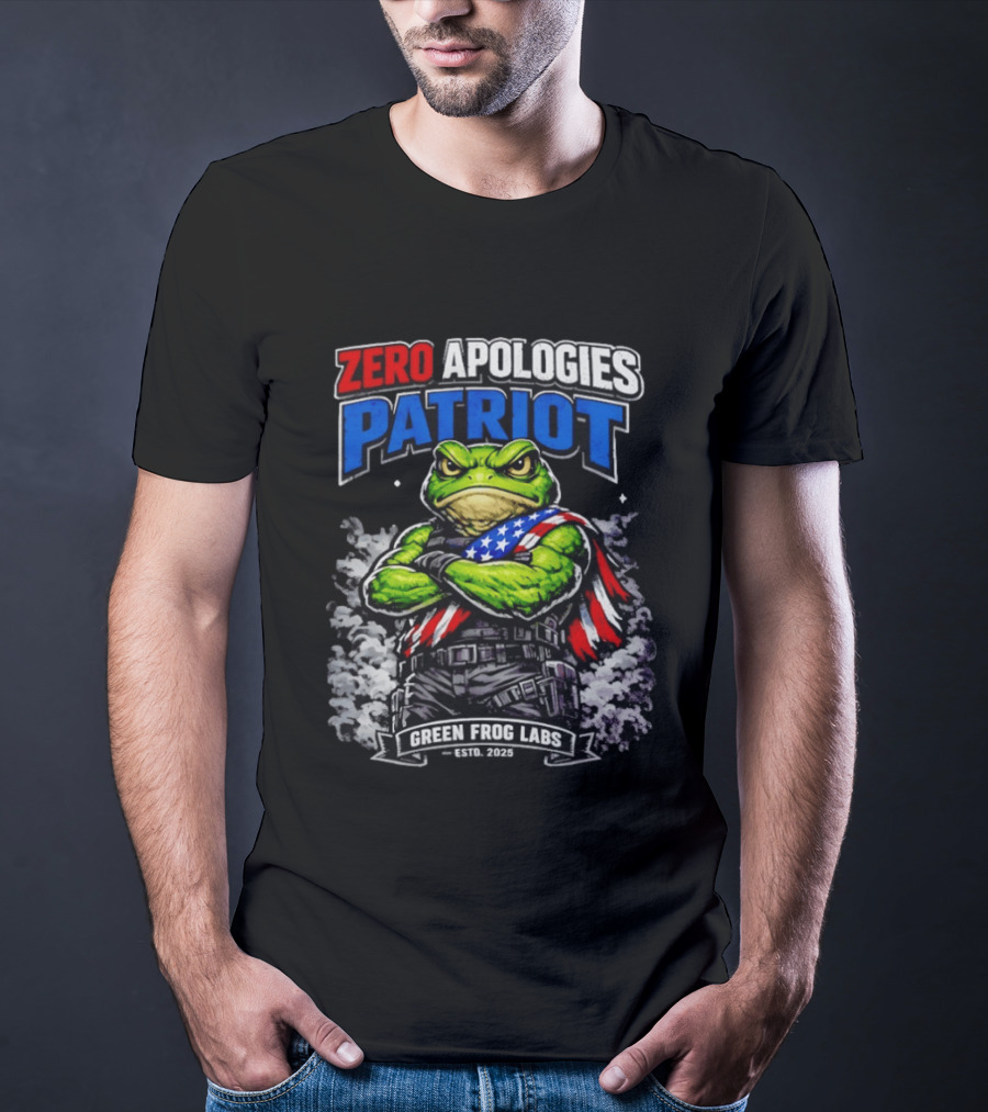 Zero Apologies Patriot Green Frog Labs Estd 2025 American Flag Frog T-Shirt