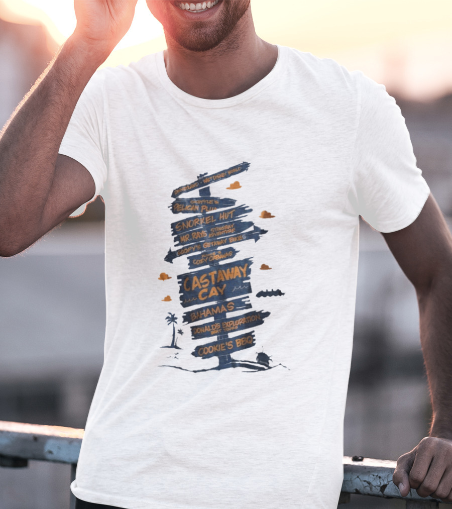 Castaway Cay Bahamas Adventure Signpost Donald's Boat Tours Cookie's BBQ T-Shirt