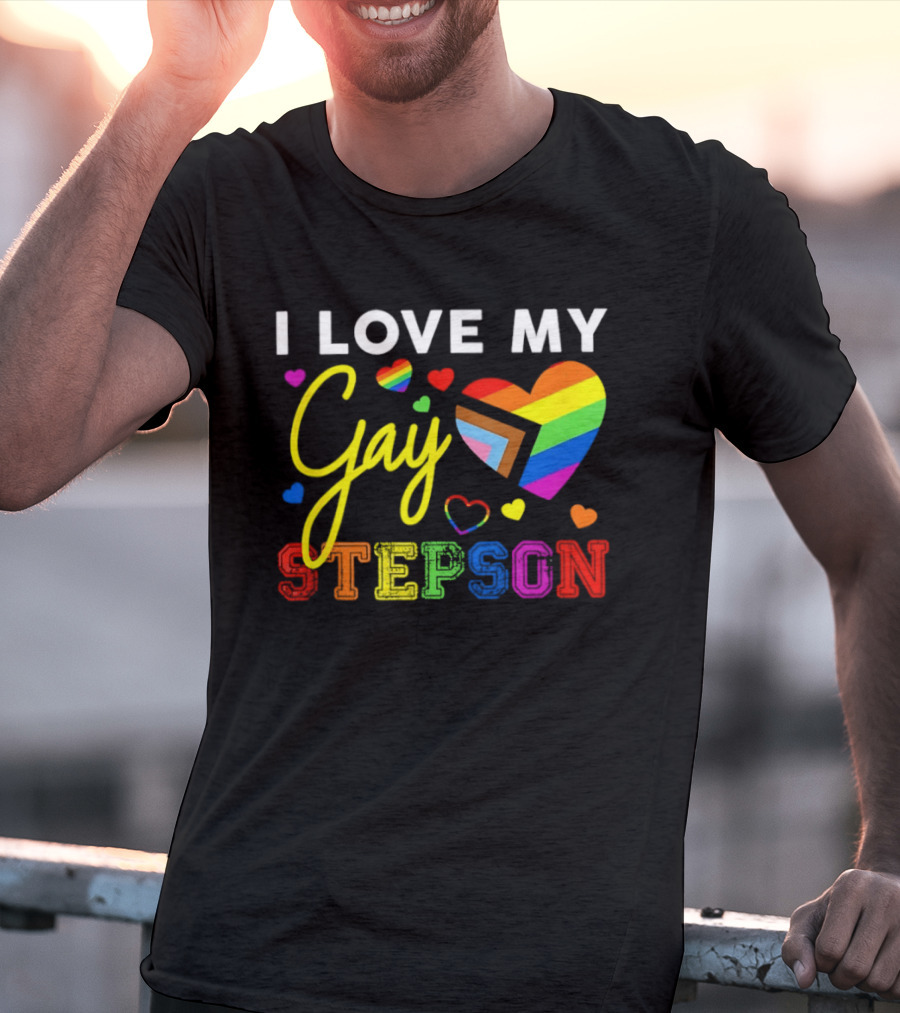 I Love My Gay Stepson LGBT Pride Rainbow Heart T-Shirt