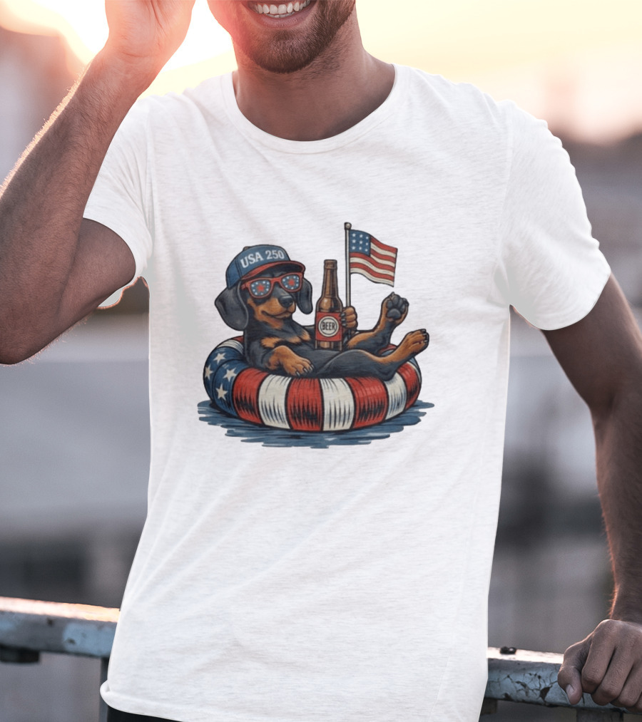 USA 250 Dachshund Floating With American Flag And Beer T-Shirt