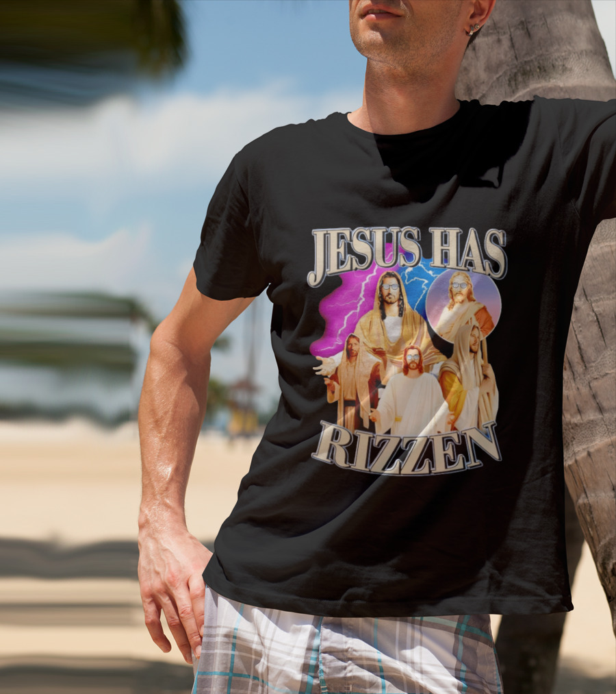 Jesus Has Rizz'en Meme Humor Lightning Vibes Sunglasses T-Shirt