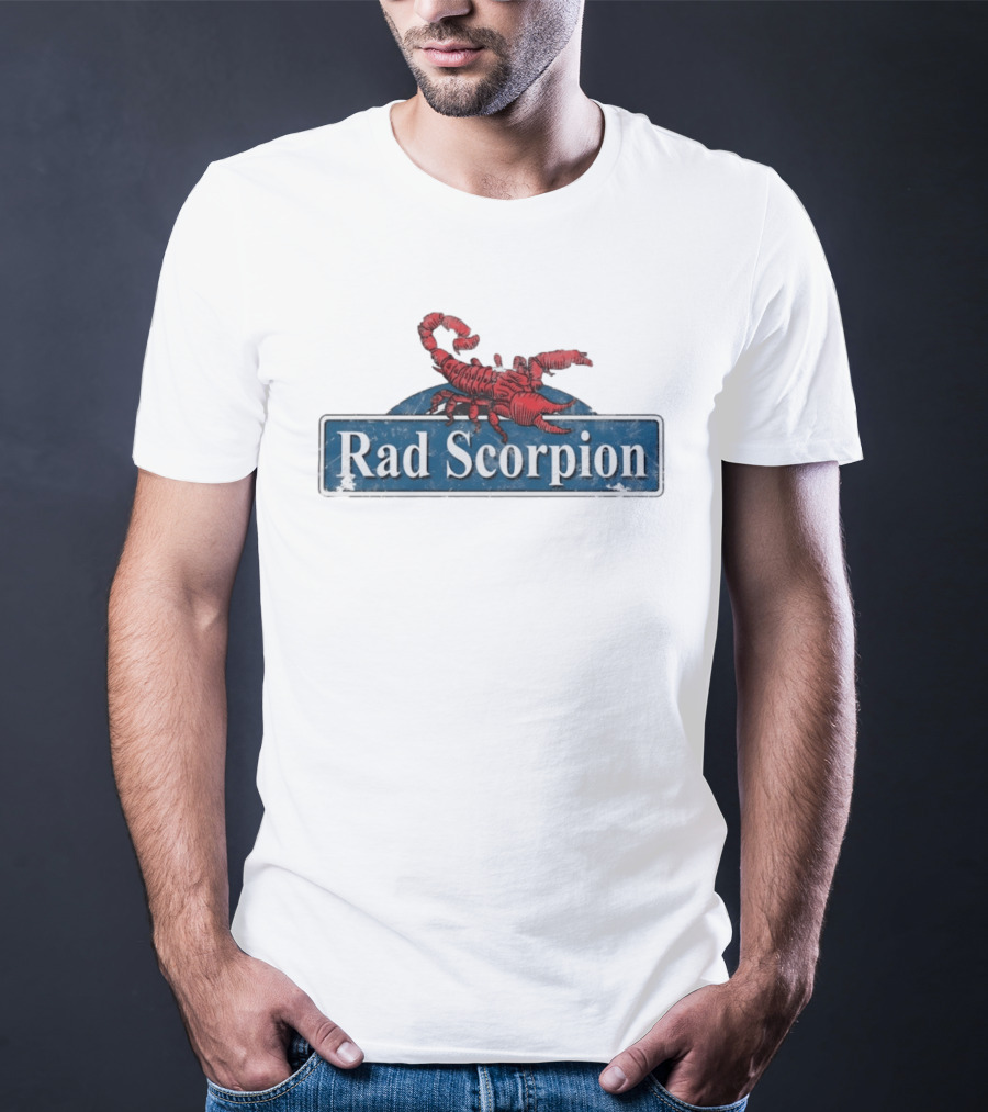 Rad Scorpion Retro Style Distressed Blue Street Sign With Red Scorpion T-Shirt