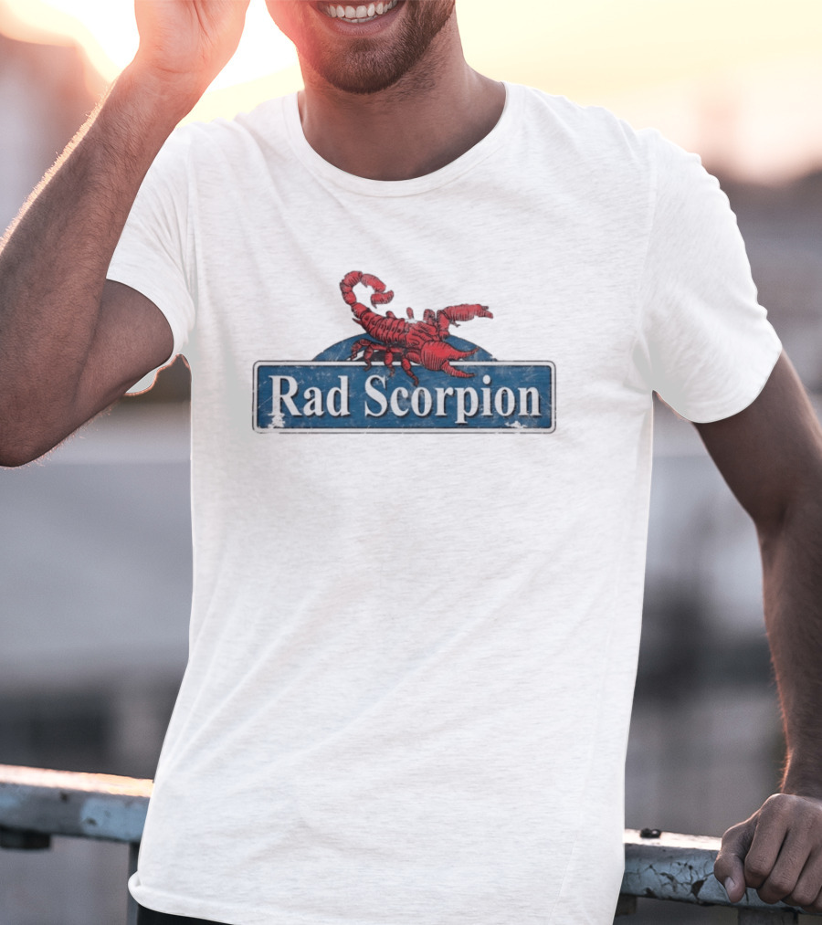 Rad Scorpion Retro Style Distressed Blue Street Sign With Red Scorpion T-Shirt